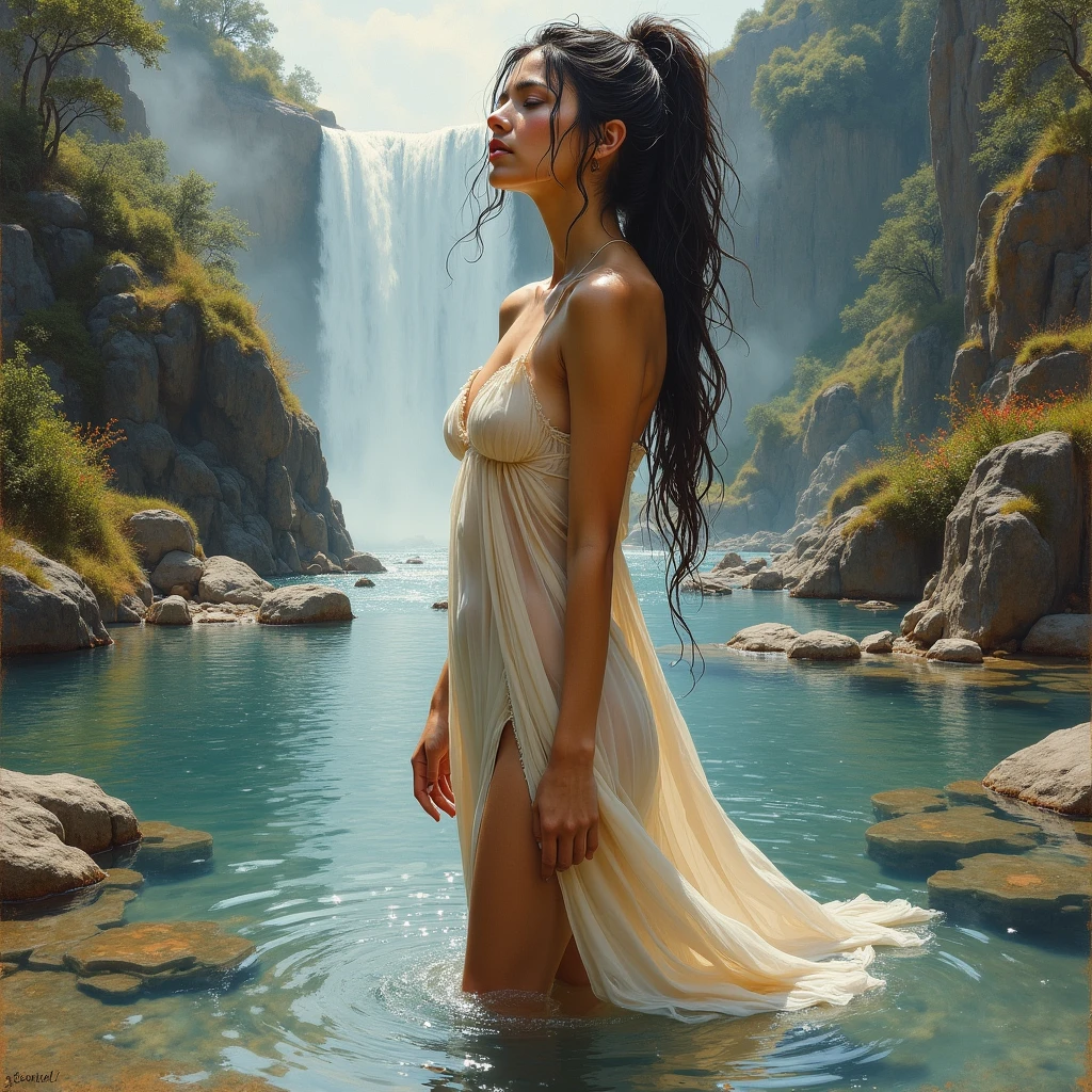 stunning realistic picture, masterpiece, high detail, small strokes, positive and joyful tones, use natural color, gorgeous naked woman bathes in a beautiful waterfall, put one foot on a stone, close-up: the body is visible up to the knees, turned to face me, Side view, mini panties and bra (transparent:1.3) wet, stuck to the body, brut style art, characterized by bright and delicate colors, thick textured paint, intense black strokes, and amazed details ral-drptpl , I look up