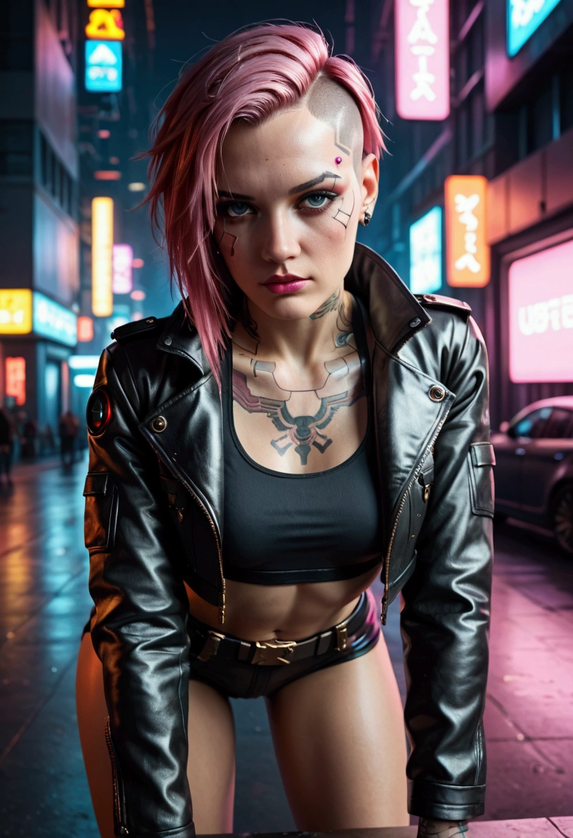 (cinematic, 8k, best quality, masterpiece: 1.2), (realistic, photo-realistic: 1.37), ultra-detailed, soft light, best quality, ultra highres, raw photo in HDR, sharp focus, intricate texture, skin imperfections, 1 girl, cute, solo, raw photo, Rebecca a robotic girl with green hair, pink tattoo on neck and belly, crazy face with rage, wearing a black jacket with yellow details, 19yo, camel fingers, slim body, warm body, shiny skin, realistic textures, reflected lighting, volumetric lighting. Background a cyberpunk city at night, neon lighting.