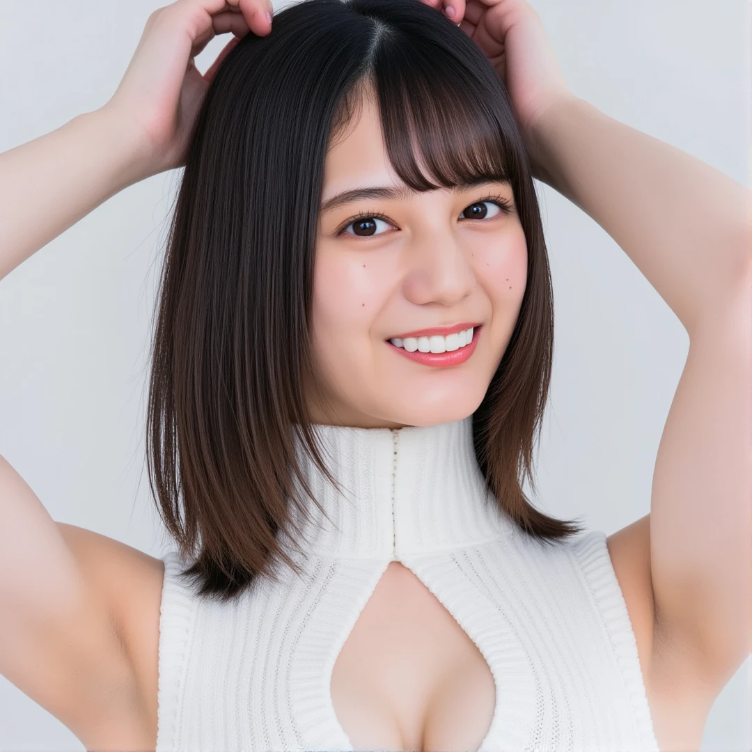 ((( top quality, very detailed, Masterpiece , very detailed,realistic,real person))) ,simple background, from front, medium shot, looking at viewer , light smile, (standing), arms behind back, black hair, medium hair, medium breasts, cleavage, (white sweater,turtleneck,sleeveless,cleavage cutout) 