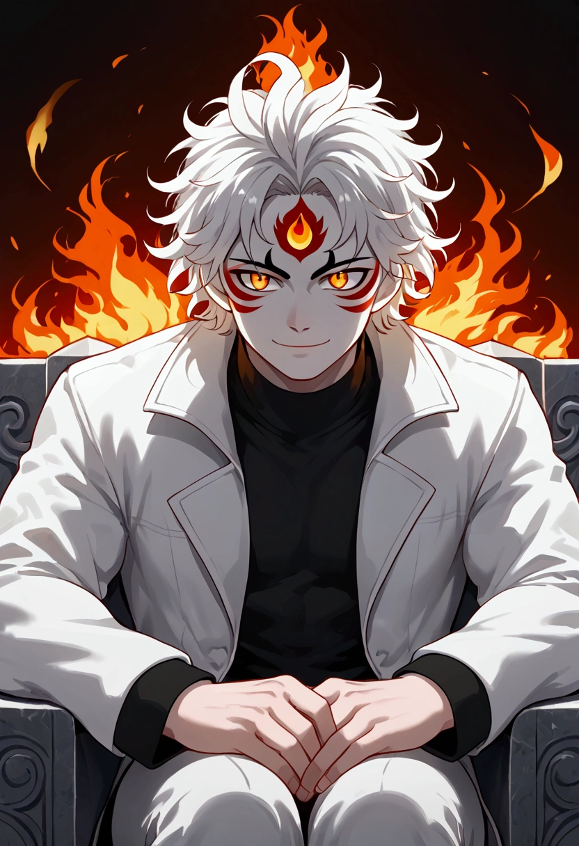 wallpaper,man, fiery hair, white skin, red face paint, anime style, fire, yellow cat eyes, white hair, third eye on forehead, smile, messy hair, light white jacket, black shirt underneath, sitting on a throne, hands covered in fire, cat eyes, solo, strong physique, white skin