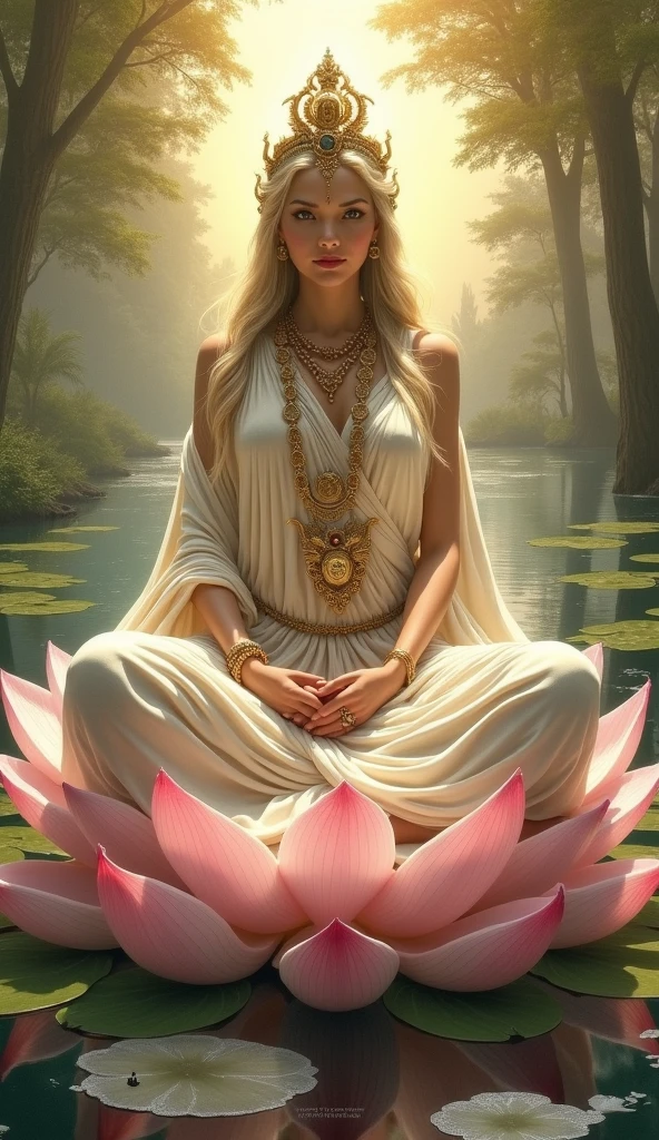 In the void, Beautiful virgins sit leisurely on lotuses,Palm facing the camera,A lotus flower squeezed in his hand,The head is tilted slightly to the right,white streamer,Delicate and radiant skin,Barefoot,(Long curved eyebrows),Beautiful eyes sparkle,The large, Jewel-like eyes sparkle,Clear pupils have reflected light,二重まぶた,Lying silkworm,looks into camera,((Plump and rosy lips)) Clearly visible,((Flushed cheeks)),The mandible is plump,Green skin is delicate and smooth,Delicate skin translucent,A delicate and dexterous crown,inlaid gemstones,Delicate and skillfully set gemstones,(Yellow dress),Perfectly designed jewelry is exquisite,Beautiful eyes looking directly at the camera,(((nice hand))),((((Good feet))),(((good legs))),realisticlying,white skinned,((Correct body structure)),Golden costume,Blue sky,Head background with round light,Behind him is a colorful rainbow circle,Color glow is turned on,Front lighting,Positive light,No shadows on the face,There are no shadows on the body,Blue sky,Unreal space,ethereal world,dreamworld,with blue sky and white clouds,tmasterpiece,4K,ultra-definition,professional photoshooting,Perspective looks up,Standard lens shooting,