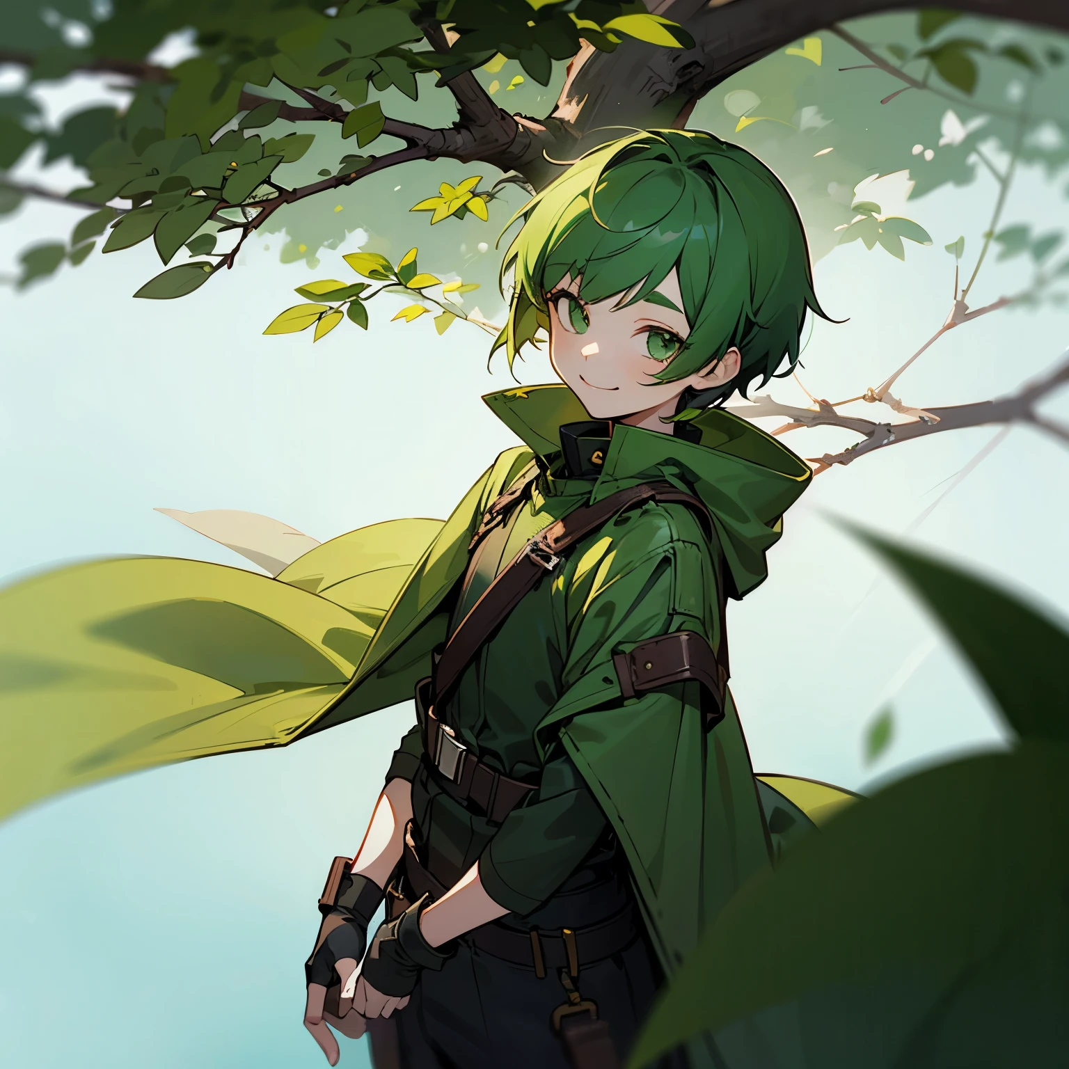 (boy), Dryad, green hair, green eyes, short cut, thin eyebrows, smiling, young, alone, short, Shota, overall, coat, long boots, wide pants, harness, fingerless glove, belt,  Solo, upper body
