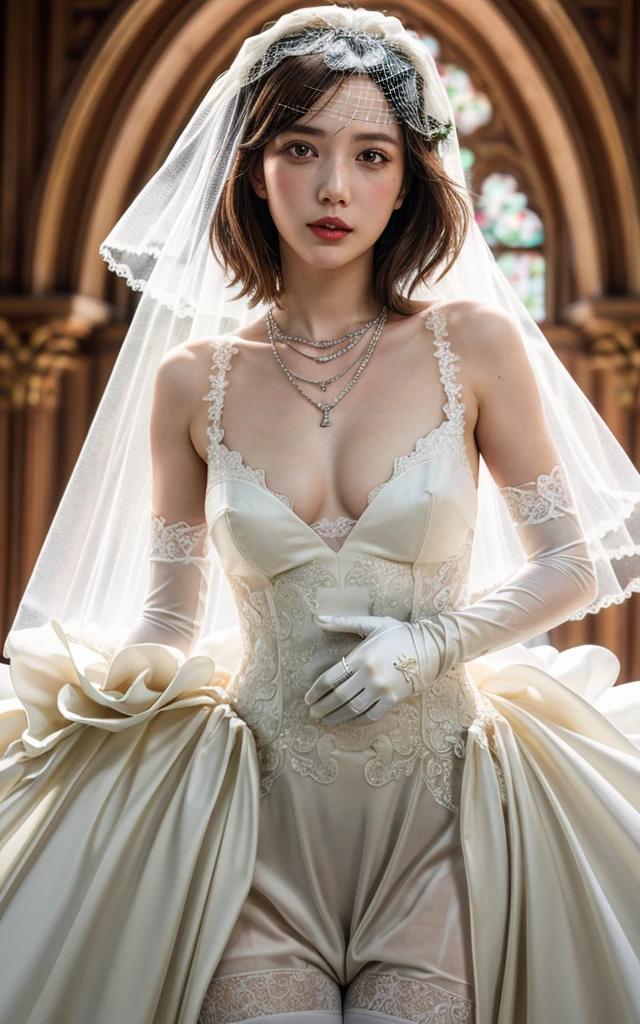 (LORA:Roxanne | Slave Harem in the Labyrinth of the Other World, blonde dog ears) Close-up of beautiful bride wearing beautiful wedding dress, Gurwitz, (bridal veil:1.5), (Transparent short veil:1.5), Blushing face, head flower, headgear, (tube top wedding dress: 1.5), (Silk dress: 1.2) (Strapless wedding dress: 1.5) pure white dress, necklace, earrings, (large breasts:1.3), Deep V peach heart collar wedding dress, bangs, lipstick, (lace gloves: 1.3), whole body, high detail RAW color art, Long white dress, whole body, place your hands behind your back
