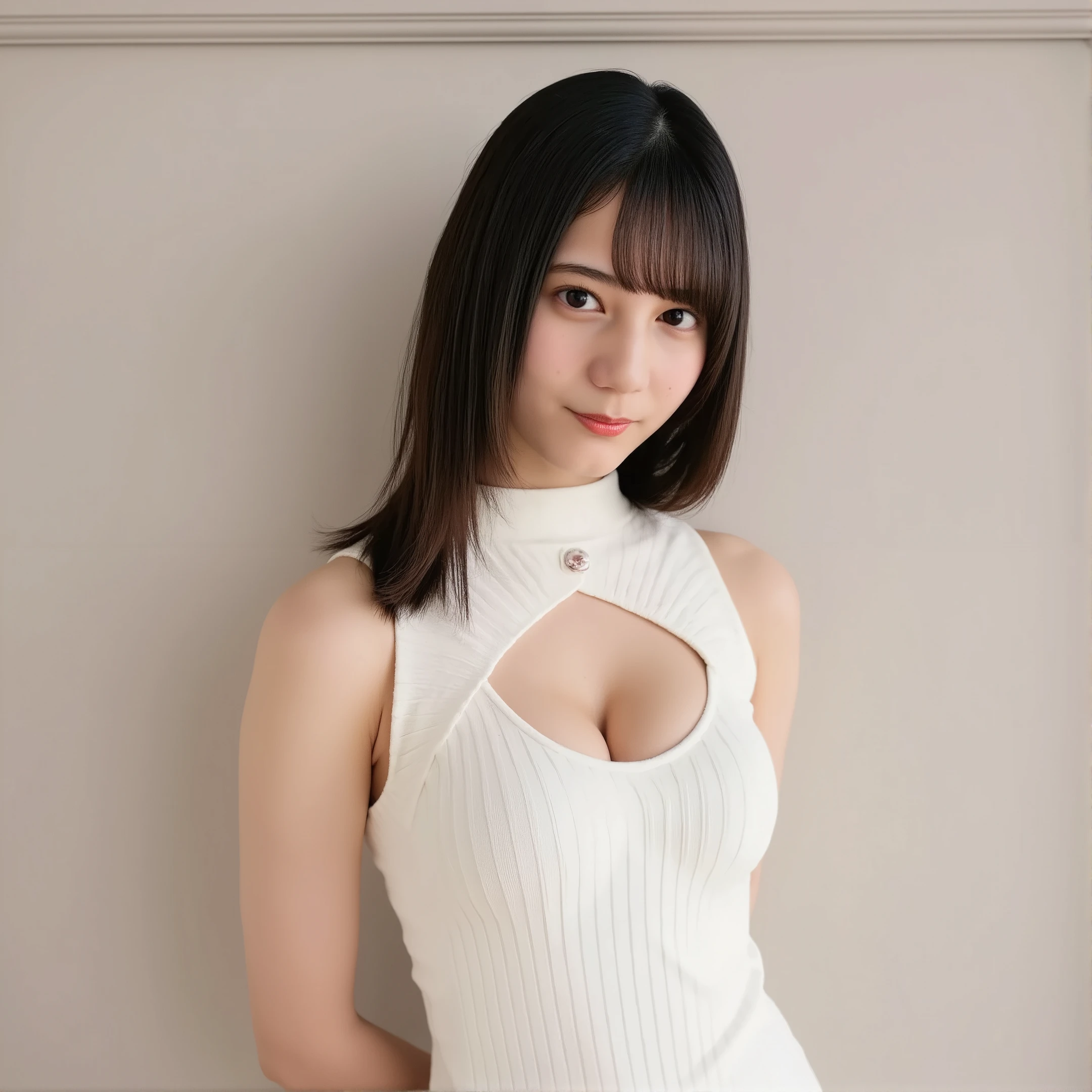 ((( top quality, very detailed, Masterpiece , very detailed,realistic,real person))) ,simple background, from front, medium shot, looking at viewer , light smile, (standing), arms behind back, black hair, medium hair, medium breasts, cleavage, (white sweater,turtleneck,sleeveless,cleavage cutout) 