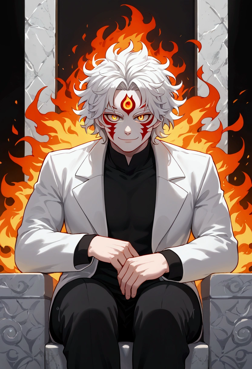 wallpaper,man, fiery hair, white skin, red face paint, anime style, fire, yellow cat eyes, white hair, third eye on forehead, smile, messy hair, light white jacket, black shirt underneath, sitting on a throne, hands covered in fire, cat eyes, solo, strong physique, white skin