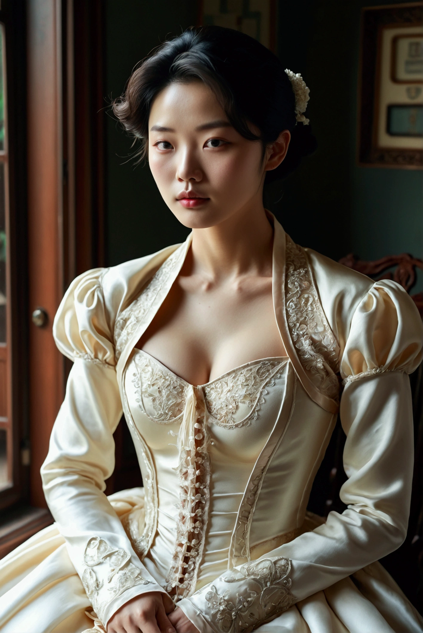 A Korean man had surgery to change his body from male to female, his body is completely female, he has big breasts like a woman, but his face is not changed and still looks like a man, His hair is still manly and short, he is wearing a women's wedding dress, wedding gown, Vintage wedding dresses, medieval dresses, he is wearing Long sleeve cropped jacket, he is wearing Long sleeve bolero jacket, silk, shiny satin