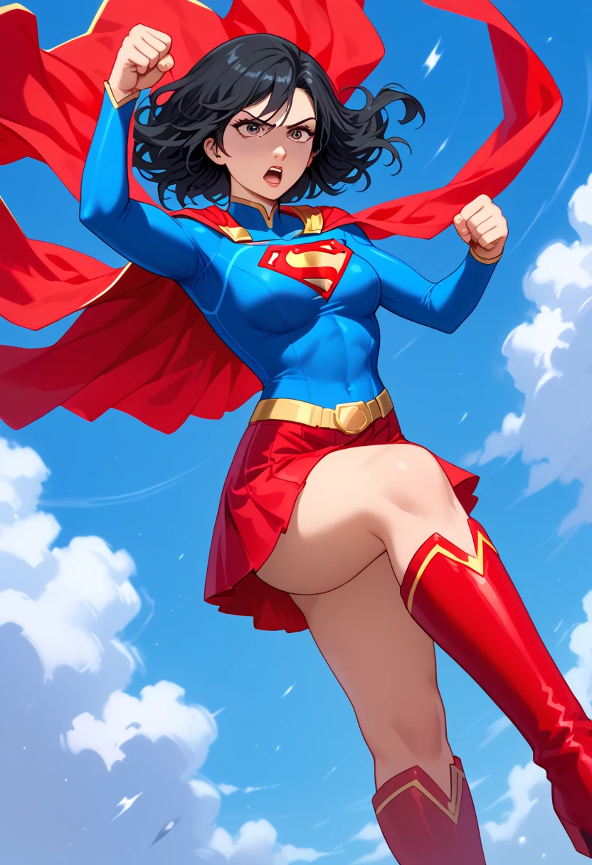 Kamishiro Yuuko, with her reserved yet determined personality, brings a subtle and understated strength to the Supergirl costume. The vibrant blue top, adorned with the iconic red and yellow 'S' emblem, contrasts beautifully with her cool and enigmatic demeanor, symbolizing her quiet heroism. Her long, dark hair, typically sleek and flowing, adds elegance to the bold red cape trailing behind her. The red skirt and knee-high red boots complement her figure, blending the classic superhero aesthetic with her refined presence. With her composed expression and determined stance, Yuuko embodies a Supergirl who relies on intellect and resolve as much as physical strength. She radiates an air of quiet confidence, making her a protector who carefully strategizes and acts with precision. In this outfit, Yuuko’s transformation into Supergirl highlights her inner strength and unwavering dedication to justice, making her a hero who is as graceful as she is formidable.