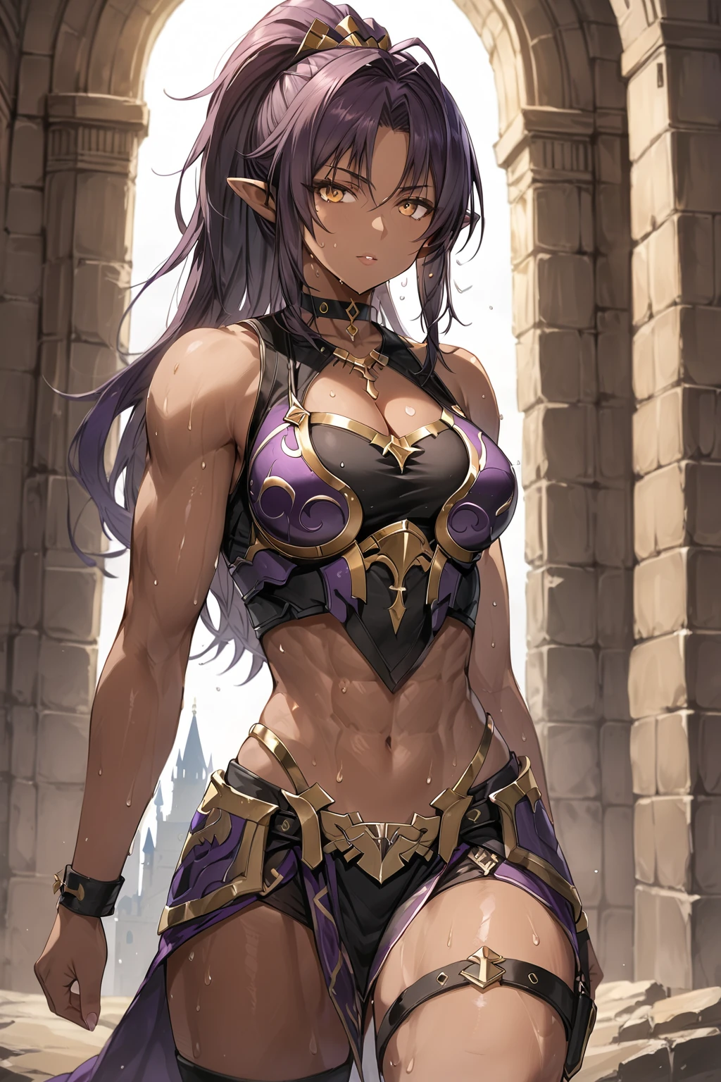 (masterpiece:1.2), (best quality:1.2), perfect eyes, perfect face, perfect lighting, 1girl, mature female, barbarian woman, long hair, bored, pompadour cut, braids, armor, fur, belts, straps, skindentation, markings, scars, muscular, toned, navel, abs, sweat, thick thighs, broad shoulders, arm muscles, leg muscles, thick eyelashes, makeup, fantasy, detailed outdoor background