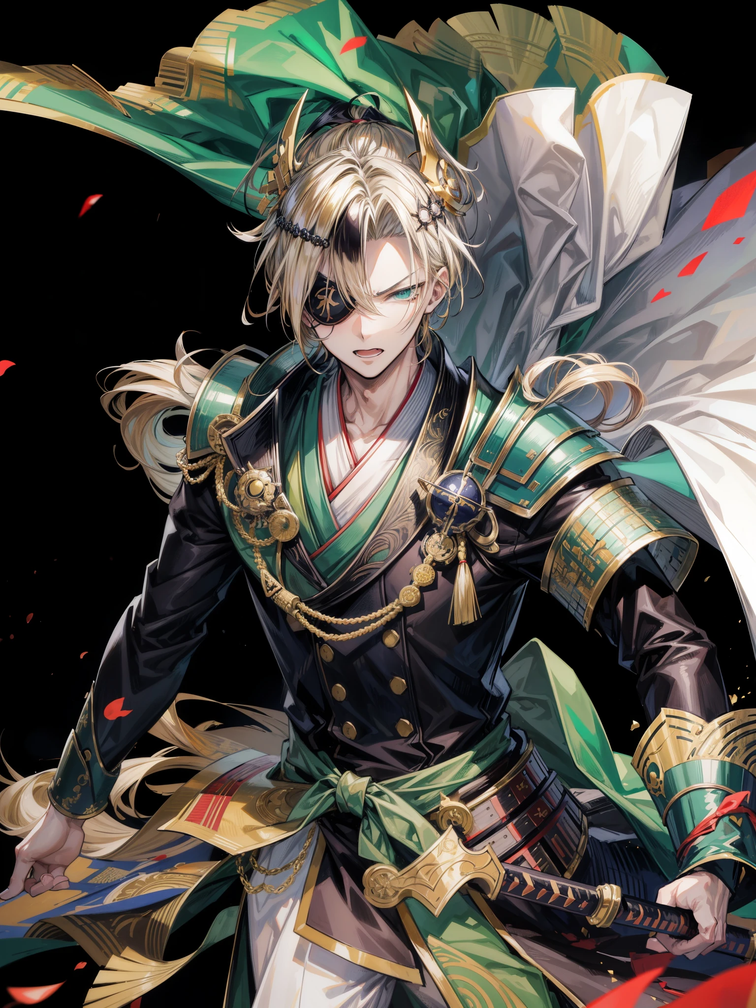 anime, best quality, extremely detailed, masterpiece, ultra high res, adult man, serious, samurai, fully slicked-back, golden hair, ikemen, kimono, green armor, cloak, 25 years old, eyepatch, smirk, open mouth