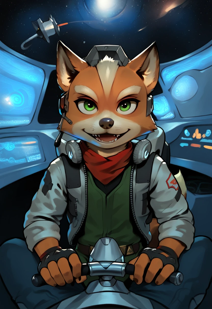 Nick the Fox Man in Zootopia。Star Fox's World 。 posing in a cool way 。 Wearing Star Fox's Clothes。Sitting in the cockpit of the fighter Irwin。 wearing a helmet。 holding a cane in the right hand。Disney movie style 。 has green eyes 。