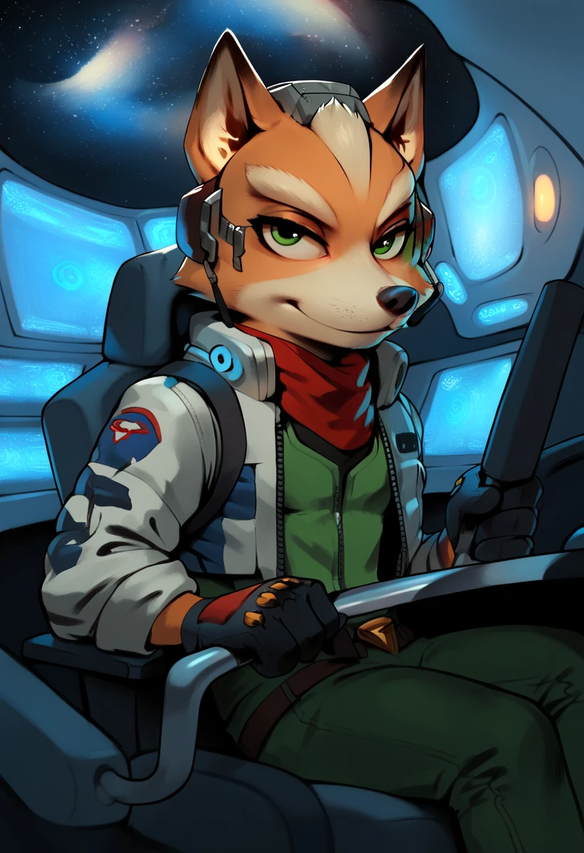 Nick the Fox Man in Zootopia。Star Fox's World 。 posing in a cool way 。 Wearing Star Fox's Clothes。Sitting in the cockpit of the fighter Irwin。 wearing a helmet。 holding a cane in the right hand。Disney movie style 。 has green eyes 。