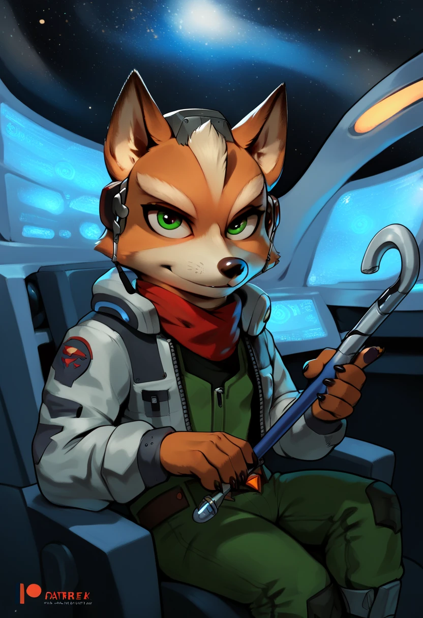 Nick the Fox Man in Zootopia。Star Fox's World 。 posing in a cool way 。 Wearing Star Fox's Clothes。Sitting in the cockpit of the fighter Irwin。 wearing a helmet。 holding a cane in the right hand。Disney movie style 。 has green eyes 。