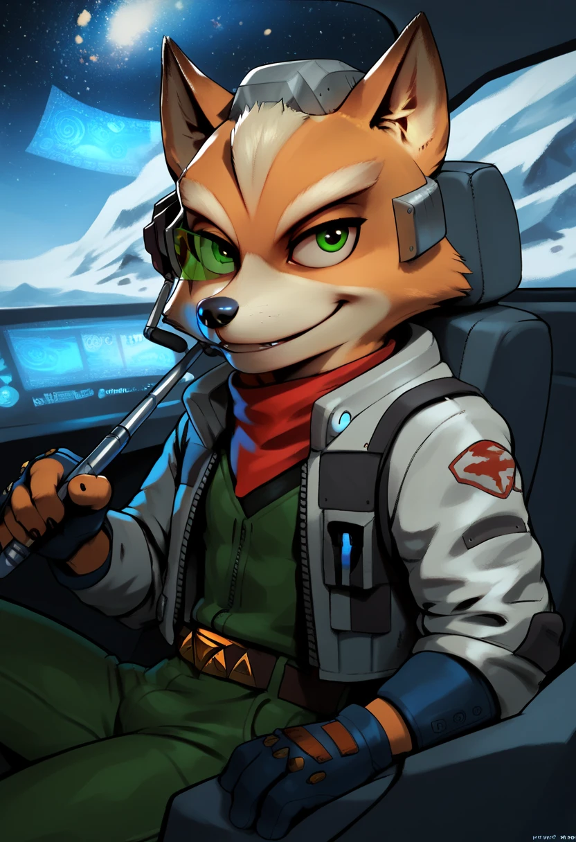 Nick the Fox Man in Zootopia。Star Fox's World 。 posing in a cool way 。 Wearing Star Fox's Clothes。Sitting in the cockpit of the fighter Irwin。 wearing a helmet。 holding a cane in the right hand。Disney movie style 。 has green eyes 。