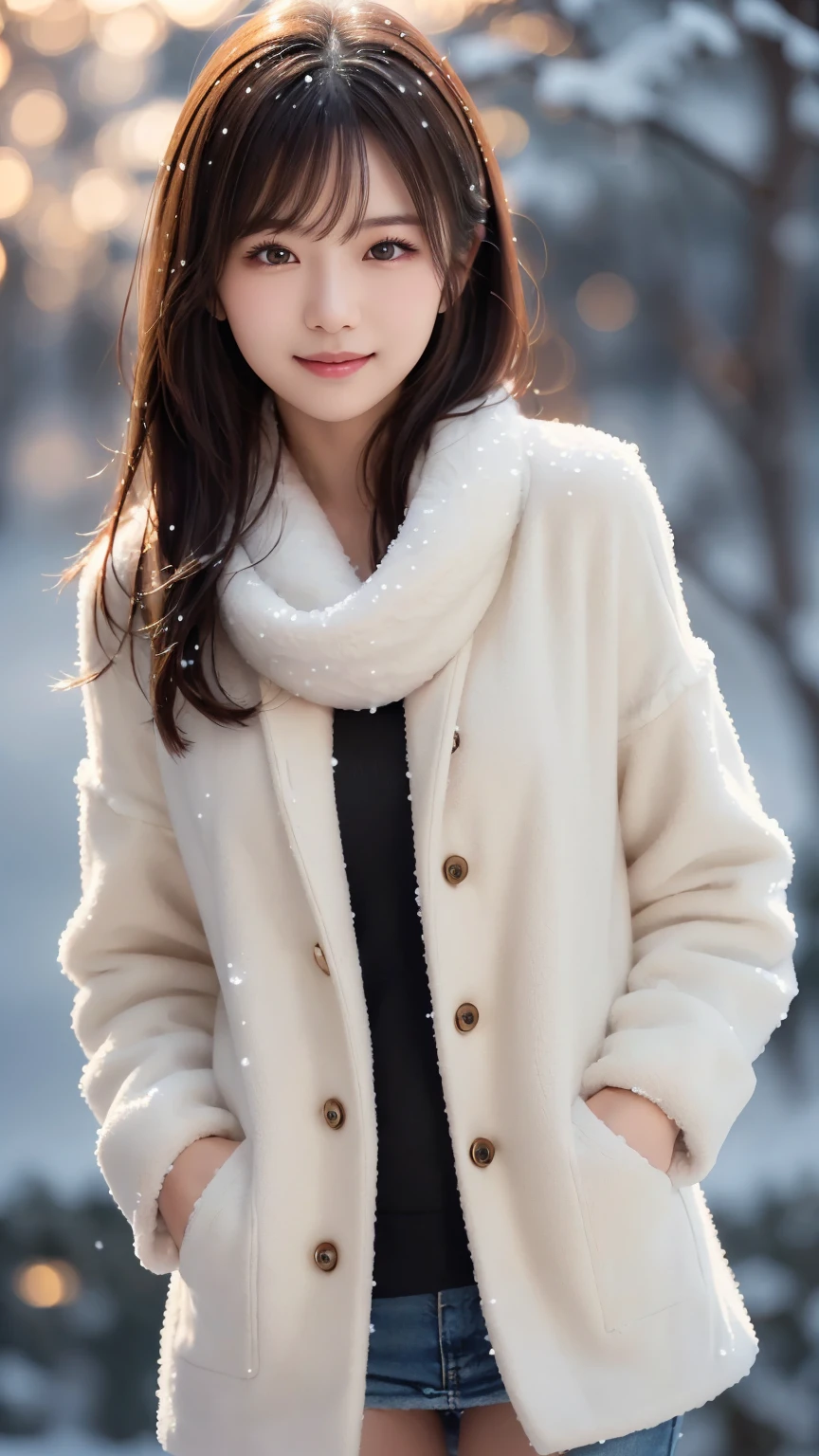 (warm fur clothes : 1.5), (snow & Winter Background : 1.5), ( straight long hair : 1.4), young and adorable Japanese face, Official Art, high definition CG Unity 8k wallpaper,Ultra high definition ,Very detailed, half photos with Brazil, high definition , Kodak Portrait 400, film grain , lens flare glow, best quality,8k, as a portrait shot,8k, Show viewer, (( best quality)), ( super detailed), smile, (( sexy)), (( Very detailedな)), (detailed clothing features), (beautiful), Illustration, beautiful Japanese woman, ((1 female))