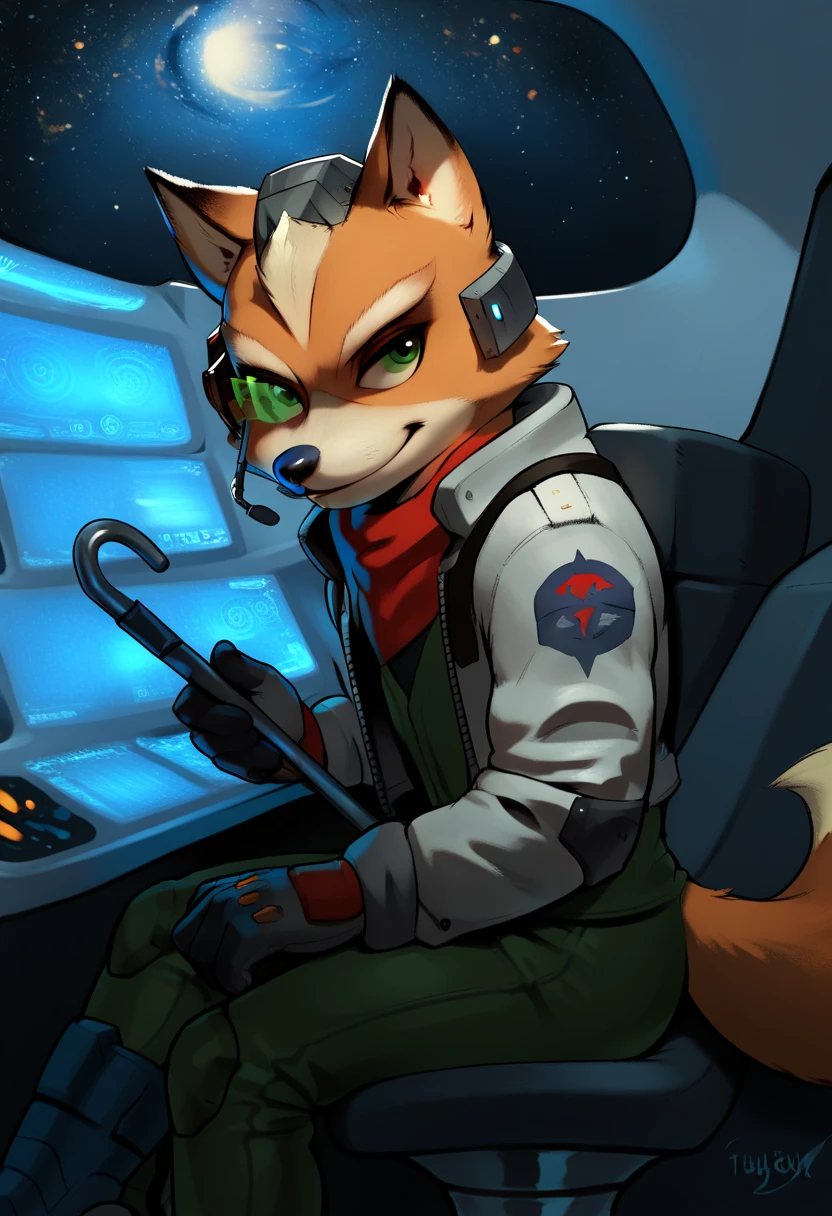 Nick the Fox Man in Zootopia。Star Fox's World 。 posing in a cool way 。 Wearing Star Fox's Clothes。Sitting in the cockpit of the fighter Irwin。 wearing a helmet。 holding a cane in the right hand。Disney movie style 。 has green eyes 。