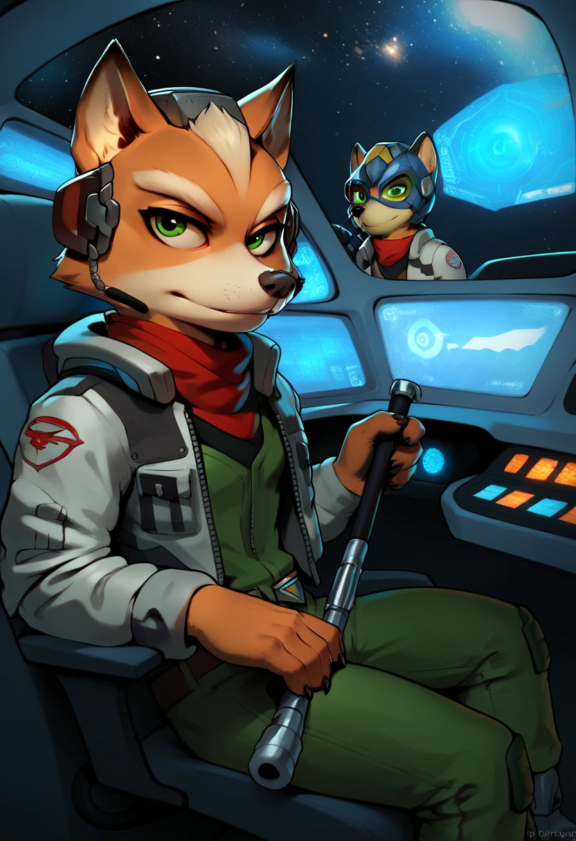 Nick the Fox Man in Zootopia。Star Fox's World 。 posing in a cool way 。 Wearing Star Fox's Clothes。Sitting in the cockpit of the fighter Irwin。 wearing a helmet。 holding a cane in the right hand。Disney movie style 。 has green eyes 。