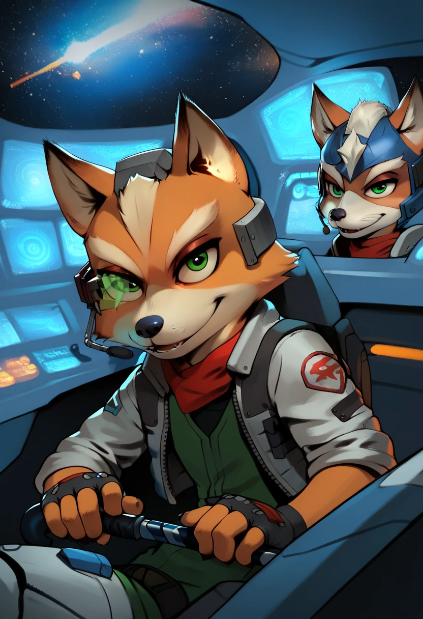 Nick the Fox Man in Zootopia。Star Fox's World 。 posing in a cool way 。 Wearing Star Fox's Clothes。Sitting in the cockpit of the fighter Irwin。 wearing a helmet。 holding a cane in the right hand。Disney movie style 。 has green eyes 。