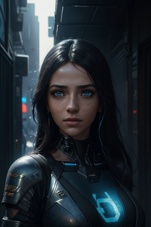  Arabian Woman with Freckles and Blue Eyes Standing in Front of a Wall, Realistic portraits,  8K Portrait Rendering , Realistic face 、Atmospheric lighting,  cyberpunk art ultra realistic 8k,  hyperrealistic cyberpunk style,  soft portrait shot 8k , 8K Realistic Digital Art , Cyberpunk style ，  HYPERREALISTIC ,  realistic digital art 4k, Photorealistic Digital Art 4k