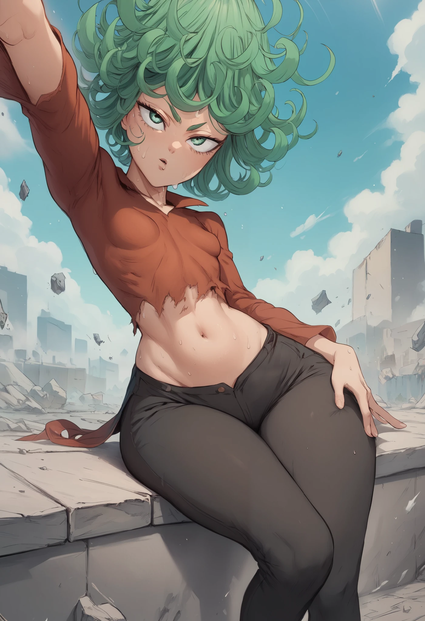 Tatsumaki, short green hair, green eyes, Small saggy breast, huge hips., an impatient expression on his face, sitting in a destroyed city, dynamic pose, dynamic view, a red T-shirt. black trousers. sweat. fatigue
