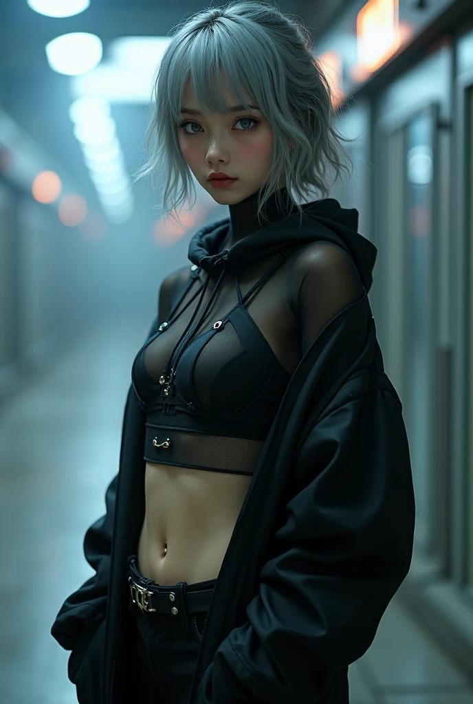 nsfw, masterpiece, Best Quality, hyper Realistic, A mysterious and sophisticated beautiful young gravure Japanese woman with blue eyes wears futuristic and sexy fashion art. sitting focus breasts,, from below, Detailed clothing butt, woman is climbing at a wide angle, with her full body in frame. large Butt, sexy large breasts, slim waist, Cyber punk fashion, Her outfit includes BLACK over sized nylon hoodie sweat, nothing shorts, adding a minimalist beauty. She accessorizes with futuristic accessories and technical sneakers. Deeply covered black baseball cap, Her demeanor exudes harmony and striking simplicity, accentuating her curves and digging sensuously into her skin, hyper small head and face, wide and big Duck mouth, half open mouth, perfectly aligned teeth, perfect beautiful wide teeth, Detailed eyes, light blue eyes, half open eyes, shiny Droopy eyes, gray hair, looking other, She is situated within the interior of a futuristic colony, with mist drifting and steam rising from concrete