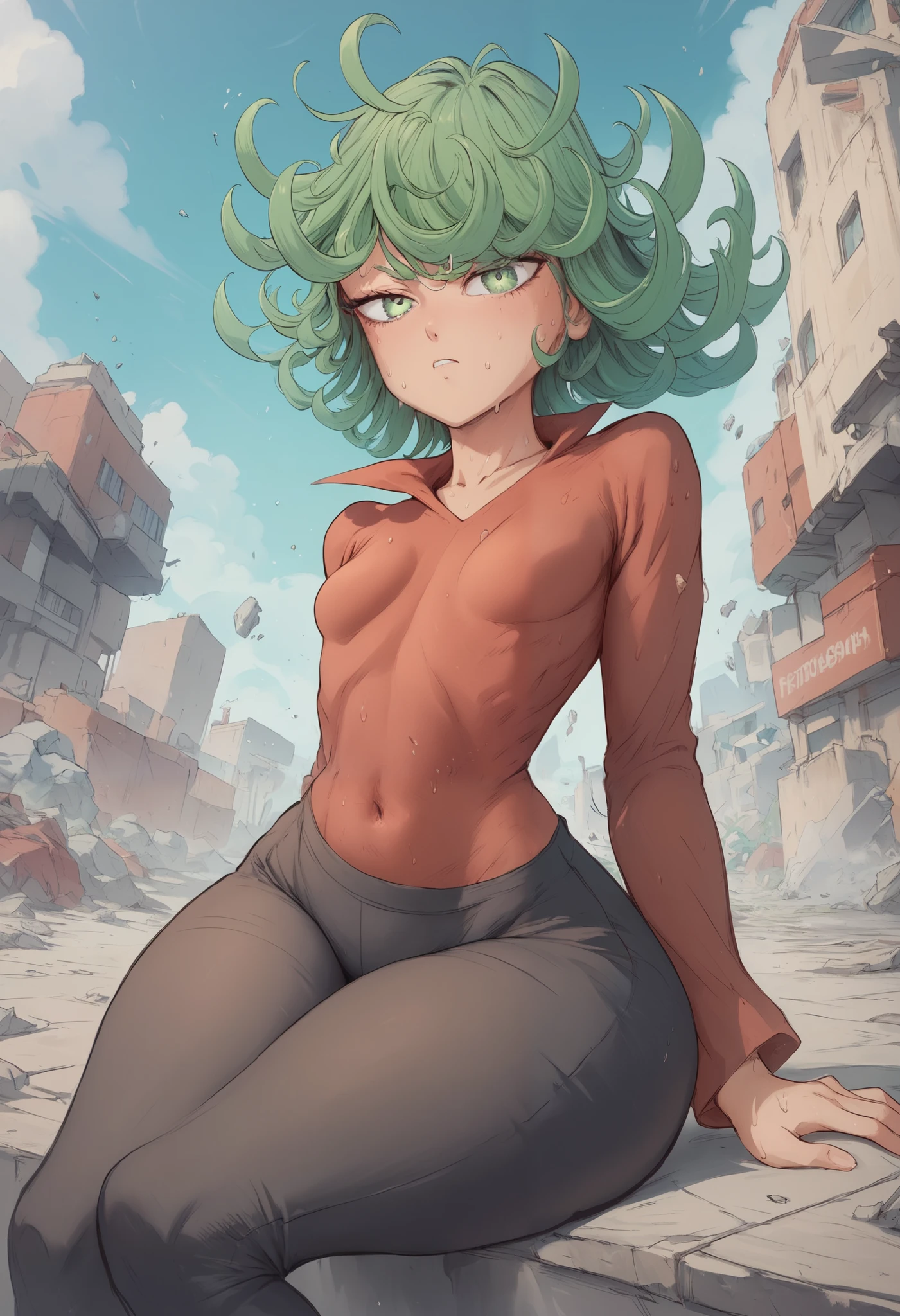 Tatsumaki, short green hair, green eyes, Small saggy breast, huge hips., an impatient expression on his face, sitting in a destroyed city, dynamic pose, dynamic view, a red T-shirt. black trousers. sweat. fatigue
