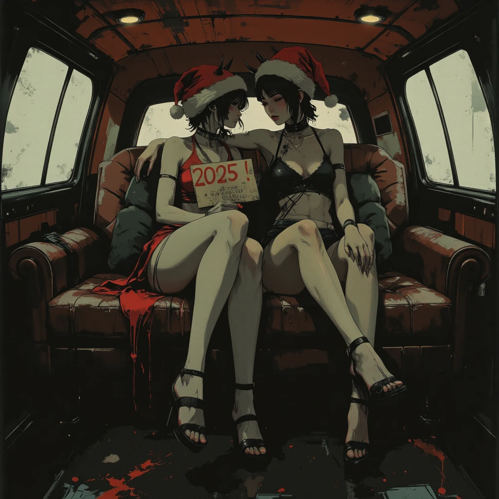 A cinematic ultra realitic photo of Two cute goth in dark gothic sitting in a brown red sofa, ((Skinny anorexic bodys)), slim arms, narrow hips, extremely long anorexic legs. Hairstyles: short dark hair . Santa hats has devil black horns on there heads. Squished together in the limousine, arms around the shoulder of her white girlfriend . ((the girl on the left is holding i paper sign with the text "2025!")), 