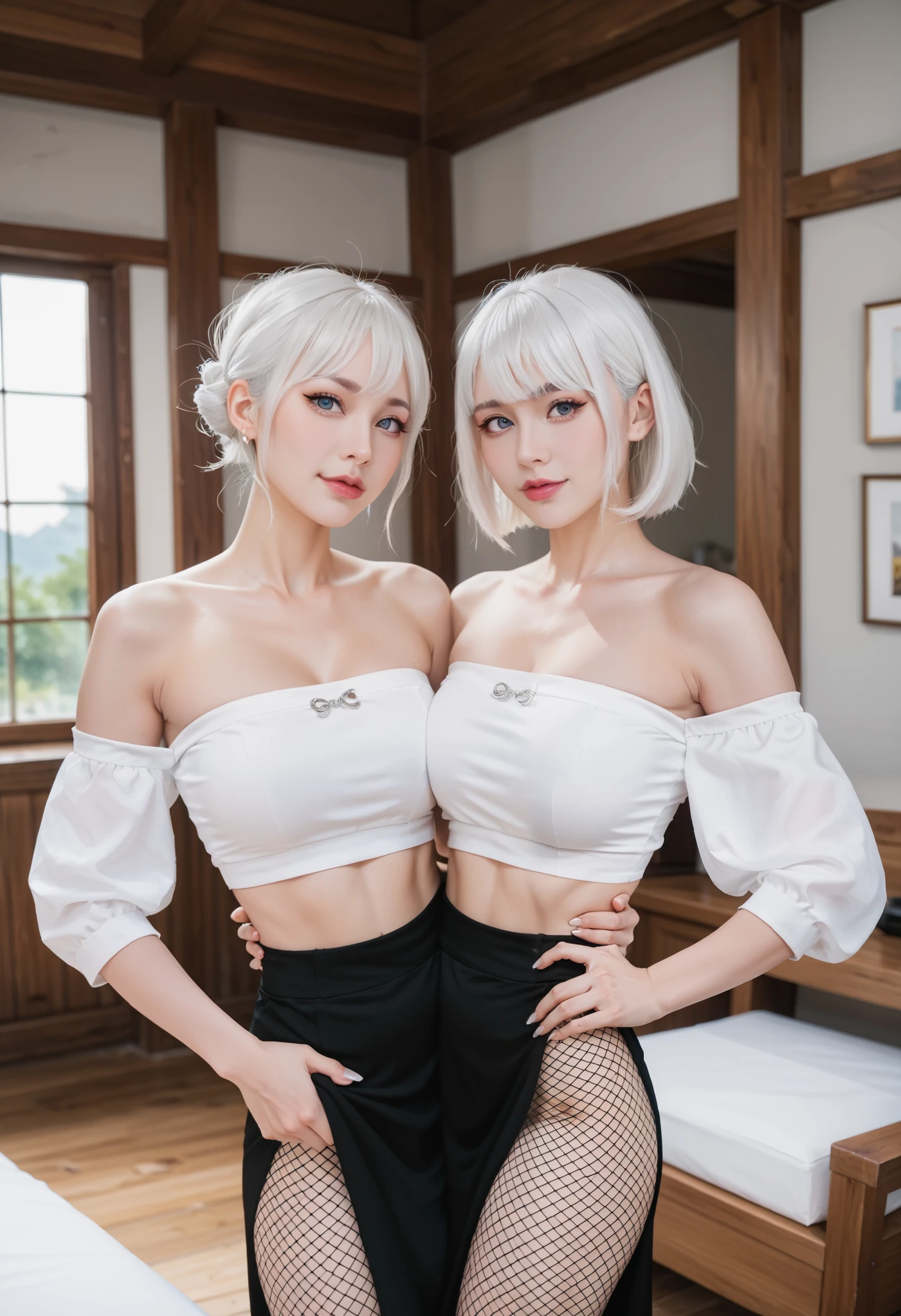 best resolution, 2 heads, woman with two heads, conjoined,tall, white hair, short hair, bob, mm, flirty expression, looking at viewer, large breasts, jewlery, dress, fishnets, fishnet leggings, tube top, crop top, black skirt, ulzzang, off shoulder,  midriff, crop top, midriff, in a rustic house, indoors, holding waist