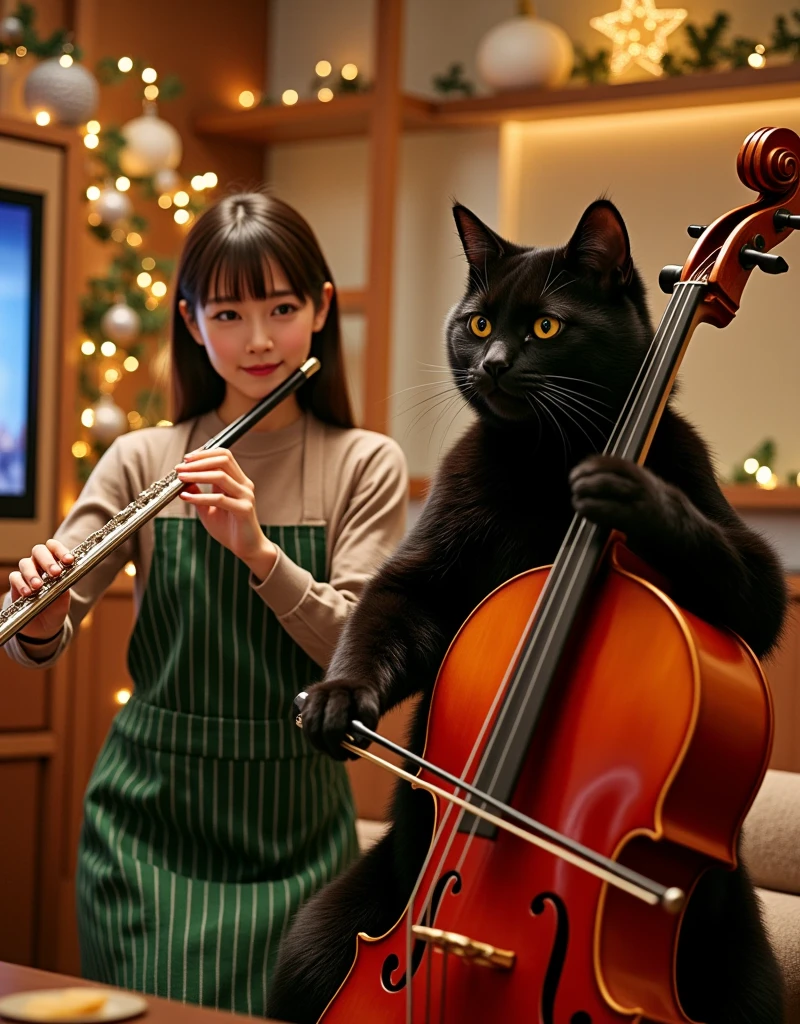 ultra-realistic, photorealistic, dramatic scene, shadow, global-illumination, A duo performance of flute and cello at a modest home Christmas party, (the human-like very large black chubby cat with vertical striped green apron is playing the cello in the stylish Japanese apartment room), (A beautiful with cute Japanese 20 years old girl is playing the flute), (20 years old girl with shoulder-length brown ponytail hair is showing smile), the girl looks so happy,  a TV and table and shelf are in the room, gorgeously decorated with Christmas decorations, Christmas tree, stylish furnishings, 