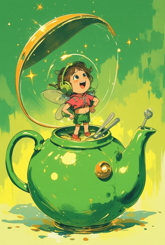  storybook illustration, picture of a green teapot with a little fairy and spoon inside,  close-up view ,  close-up view ,  60's cartoon space helmet ,  closeup shot ,  full color illustration,  Additional Details ,  60's style cartoon fairy , s Picture Book Cover , Close-up,  close-up view , mid closeup , medium  closeup shot ,cartoon pop 