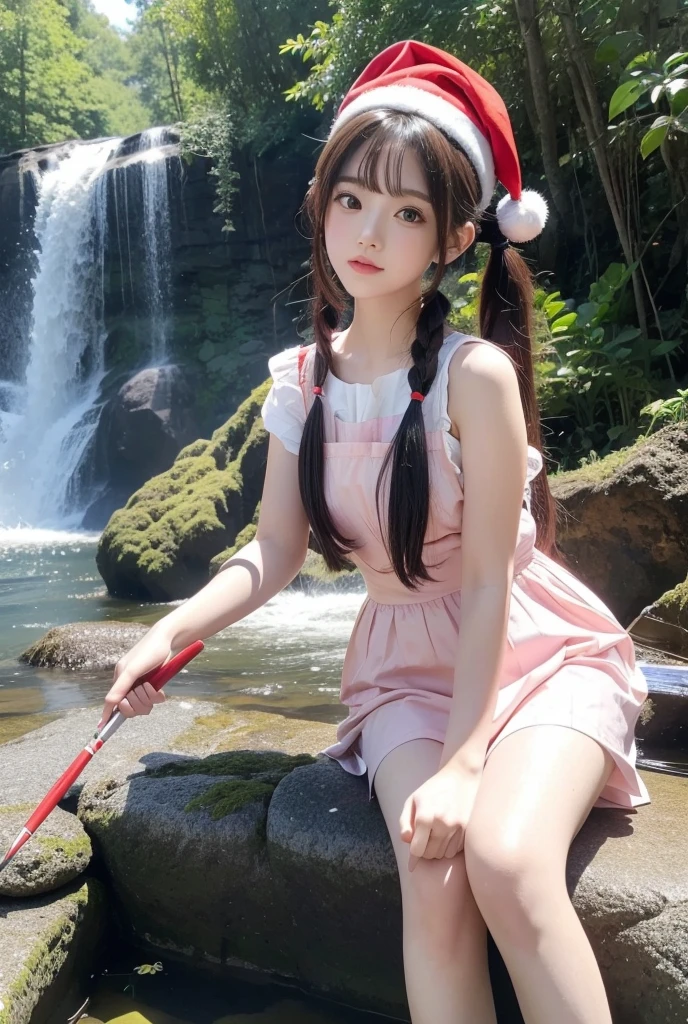 Anime girl in a santa hat holding a paintbrush in front of a waterfall,  Official Artwork,  Official Art, Anime style 4k yen,  colorful  pigtail, 2 d Anime style, Magical Forest Maid, high quality Anime artstyle,  elf girl , Anime lush john 8k woods, Anime! 4k yen, Anime! 4K, Anime visual of a cute girl,  colorful , Anime girl infront of viewer, Anime girl rotated little on right side, Anime girls eyes looks at viewer from high,  long rainbow hair ,