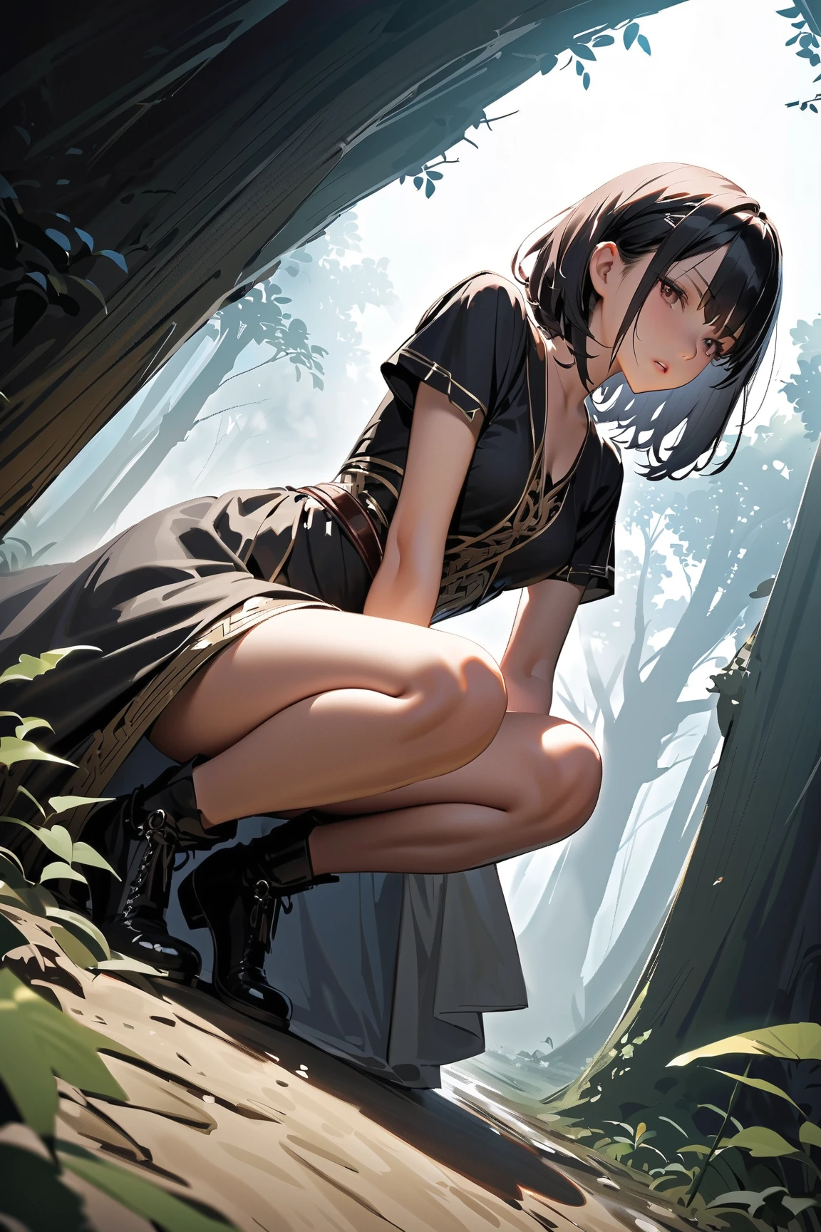 young girl crouching and adjusting the strap of her high heels, wearing an evening dress, elegant, delicate girl, vivid colors, rich garden,