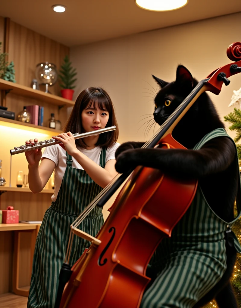 ultra-realistic, photorealistic, dramatic scene, shadow, global-illumination, A duo performance of girl's flute and human-like very large black chubby cat's cello at a modest home Christmas party, the human-like very large black chubby cat\(wearing vertical striped green apron, playing the cello, holding a cello bow, sitting\), in the stylish Japanese apartment room), 1 girl\(beautiful with cute Japanese, 20 years old girl, simple dress, playing the detailed flute, standing, shoulder-length brown ponytail hair, smile\), the girl looks so happy, a TV and table and shelf are in the room, gorgeously decorated with Christmas decorations, Christmas tree, stylish furnishings, 