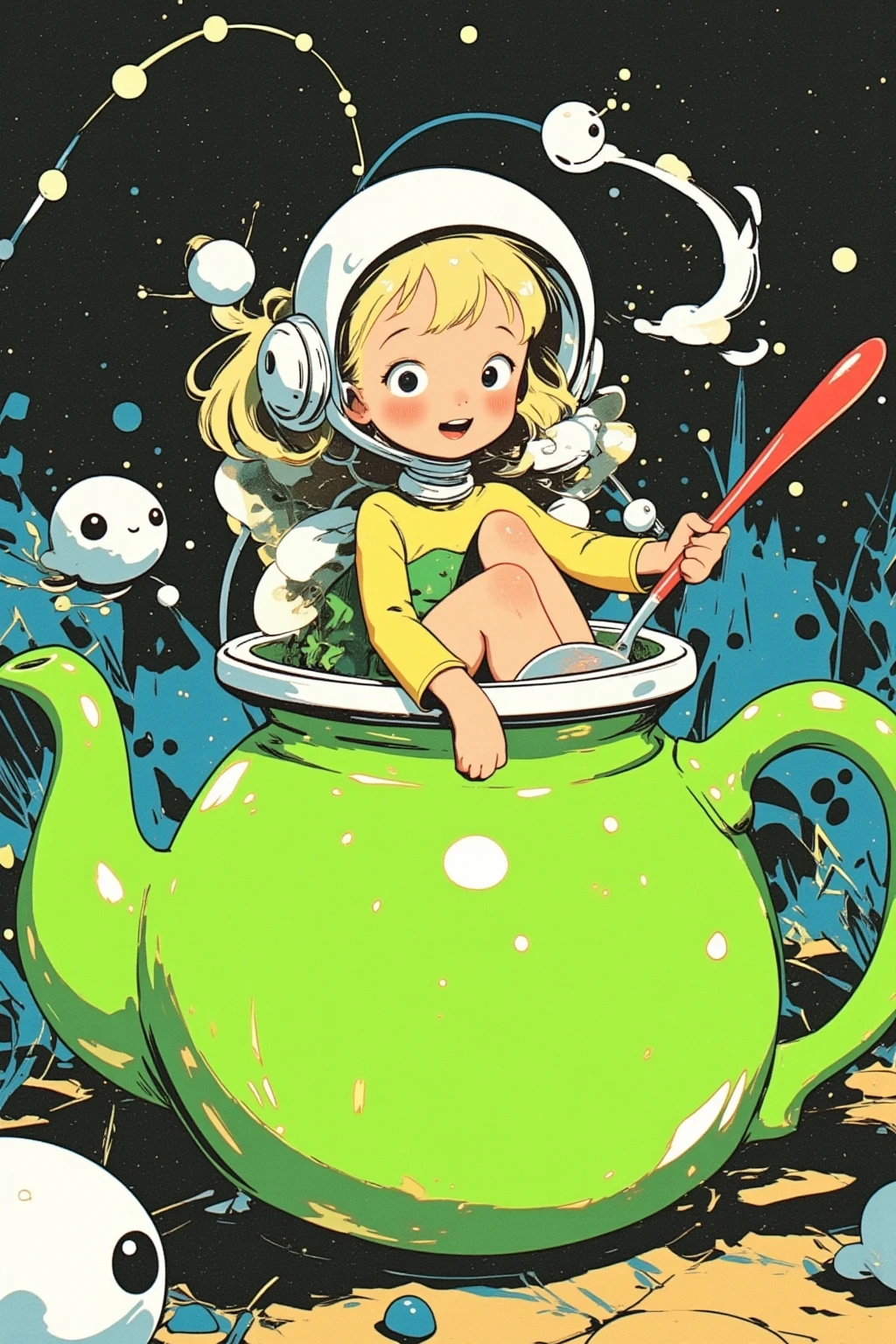  storybook illustration, picture of a green teapot with a little fairy and spoon inside,  close-up view ,  close-up view ,  60's cartoon space helmet ,  closeup shot ,  full color illustration,  Additional Details ,  60's style cartoon fairy , s Picture Book Cover , Close-up,  close-up view , mid closeup , medium  closeup shot ,cartoon pop ,feathered fairy