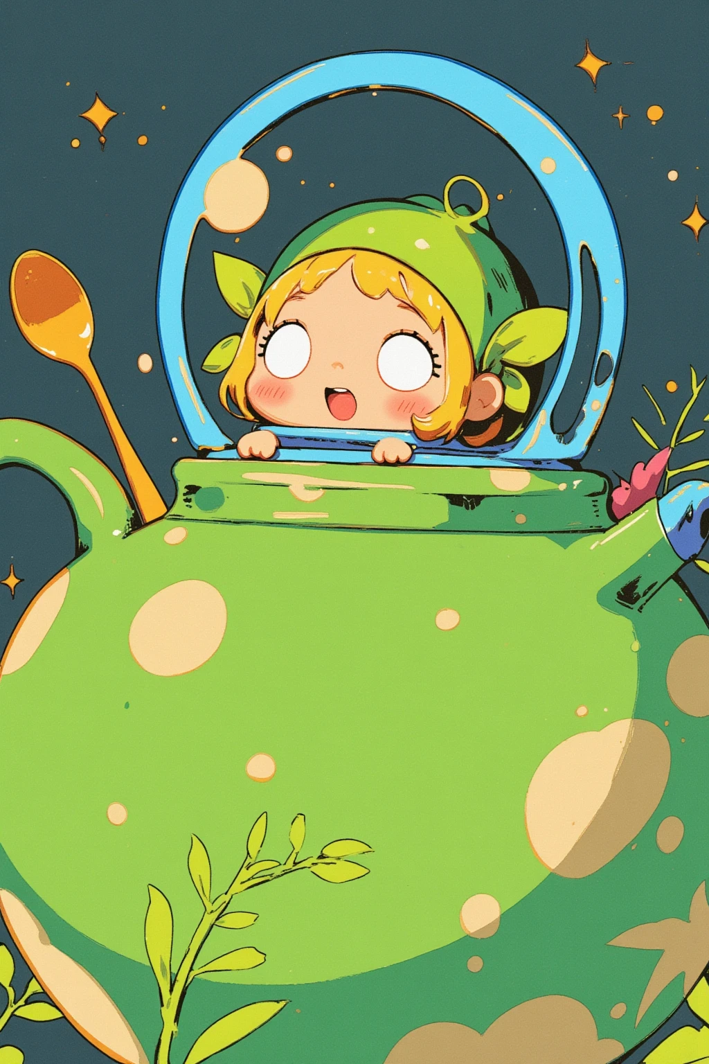  storybook illustration, picture of a green teapot with a little fairy and spoon inside,  close-up view ,  close-up view ,  60's cartoon space helmet ,  closeup shot ,  full color illustration,  Additional Details ,  60's style cartoon fairy , s Picture Book Cover , Close-up,  close-up view , mid closeup , medium  closeup shot ,cartoon pop 