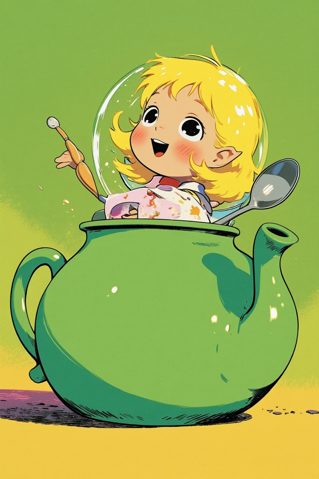  storybook illustration, picture of a green teapot with a little fairy and spoon inside,  close-up view ,  close-up view ,  60's cartoon space helmet ,  closeup shot ,  full color illustration,  Additional Details ,  60's style cartoon fairy , s Picture Book Cover , Close-up,  close-up view , mid closeup , medium  closeup shot ,cartoon pop ,feathered fairy