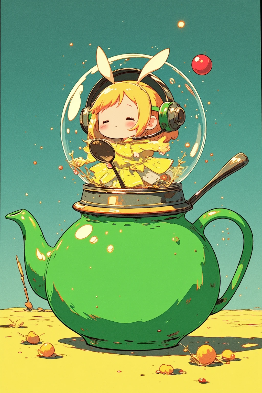  storybook illustration, picture of a green teapot with a little fairy and spoon inside,  close-up view ,  close-up view ,  60's cartoon space helmet ,  closeup shot ,  full color illustration,  Additional Details ,  60's style cartoon fairy , s Picture Book Cover , Close-up,  close-up view , mid closeup , medium  closeup shot ,cartoon pop 