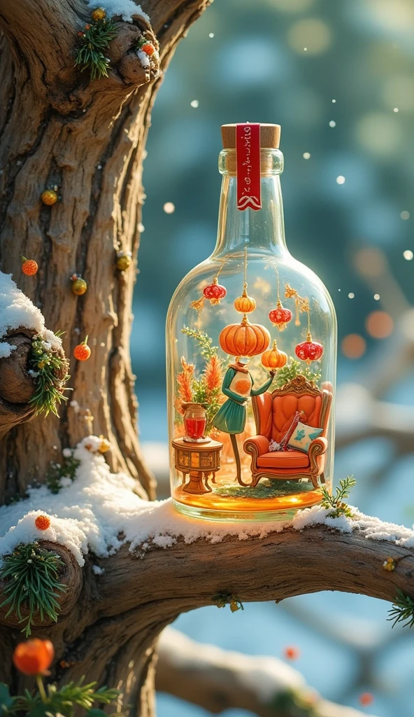 A shabby, miniature lovely the Grinch's living-room with beautiful, detailed shabby chic furnitures are trapped inside a huge whiskey bottle that rests on the snowy winter time pinebranch . A little glitter puff winds through the room, connecting the furnitures. The bottle emits a magical glow, and the neat illustration captures the fantasy and charm of this miniature living-room. The scene feels cozy and enchanted, as if the bottle contains an entire universe hidden away in the tree’s embrace.. The atmosphere is filled with laughter and lighthearted Halloween spirit.,Cardboard art engraving