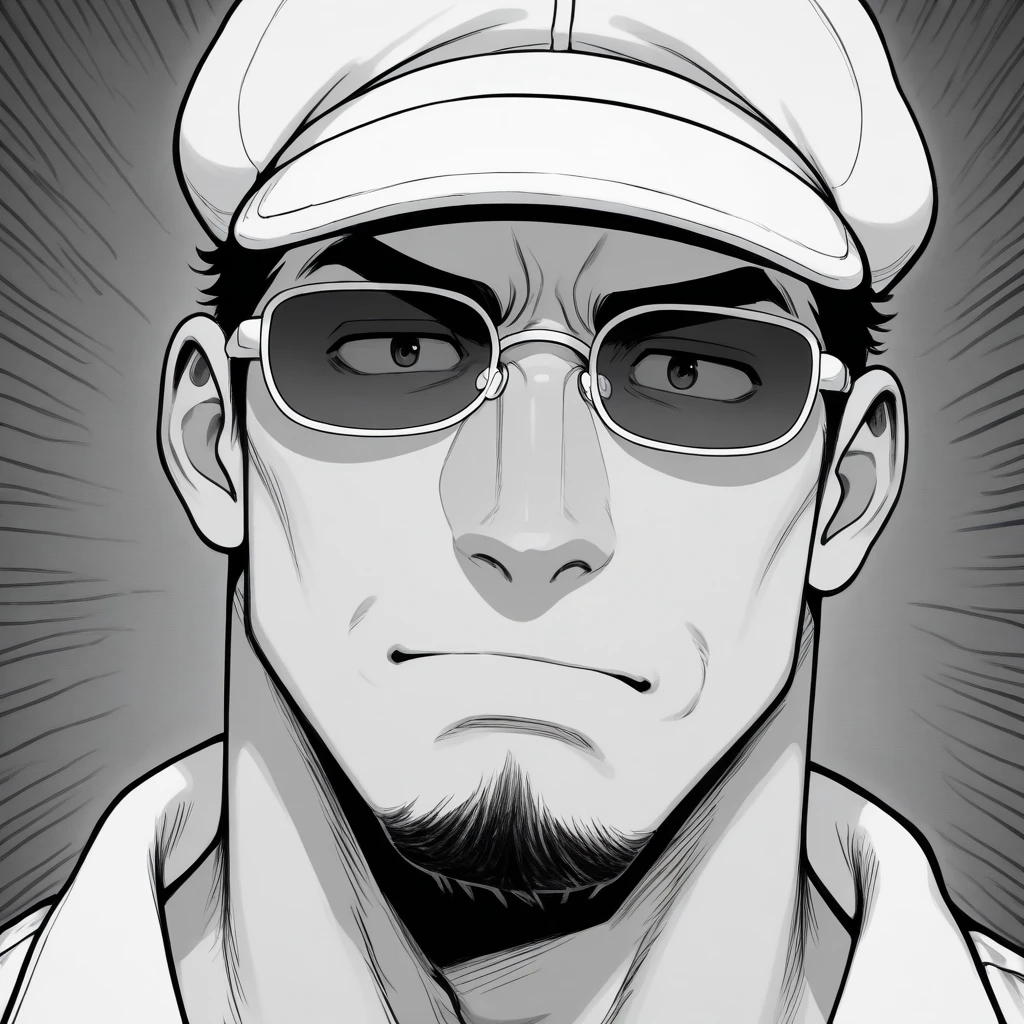    monochrome,   manga style   , resources ,   best quality  , a portrait of a man, usando sunglasses,  goatee,  strong traits, White cap, face portrait,