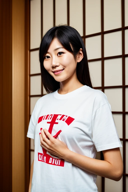 Proud Japanese woman being put her hand on a cross while wearing a T-shirt at SM Hotel