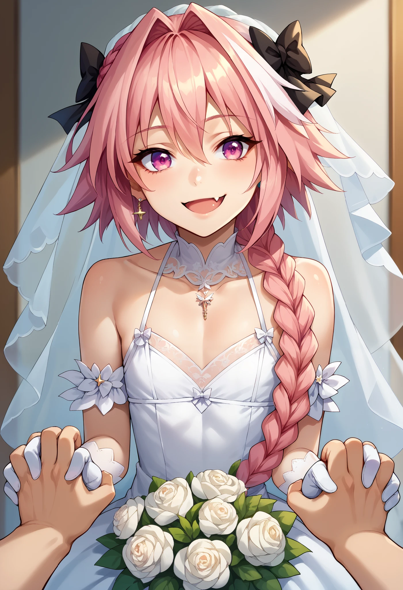 masterpiece, best quality, highres, wedding dress, white dress, garden, holding bouquet, confetti,Shoulder Bare、midriff peek、bare legs、very Long veil、(She showed off her white panties:1.5)、Open your mouth、smile、((Glowing Skin))、cameltoe、lineye,
short twintails,hair between eyes,pink hair,medium hair,demon horns,dark red hair ribbon,pointy ears,purple eyes