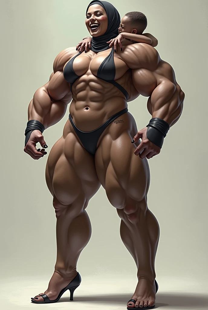 Woman in black bikini and small man in white shirt, weak and small man, thin and small physique, Very beauthful. , ,weak and defenseless man, small physique, , muscular ultraviolent woman, muscular and scary, absurdly huge physique, big muscles, extremely muscular woman,