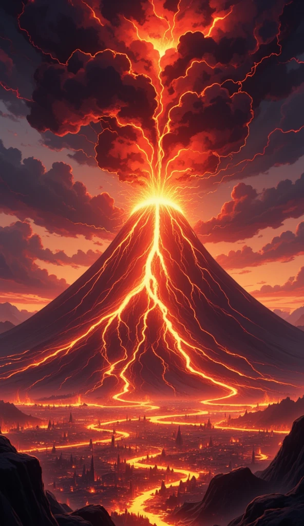 A gigantic volcano ,  with an opening on the side ,  is erupting, pouring volcanic lava up and to the sides .
 Rays form between the smoke that comes out of the volcano .
 Around the volcano villages of houses are on fire with the passage of volcanic lava.
 In the background the sun is going out with the amount of smoke from the volcano ,  leaving the environment half dark .
(anime style 32K, HDR, UHD, intricate detail, extremely intricate detail, hyperrealistic, extremely realistic, high quality,  vivid color , extremely detailed).