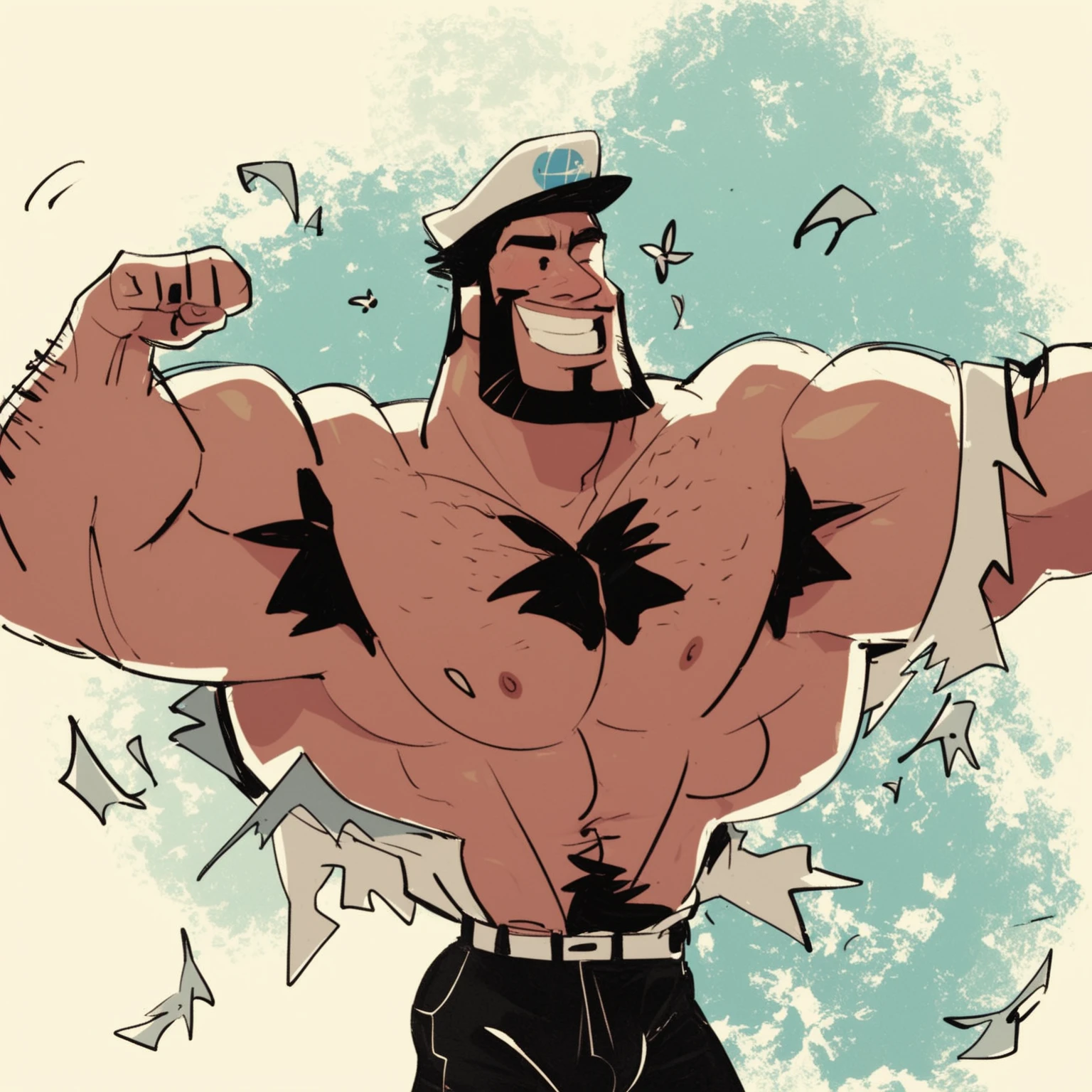 Sea captain flexing huge muscles hairy muscles with bulge.