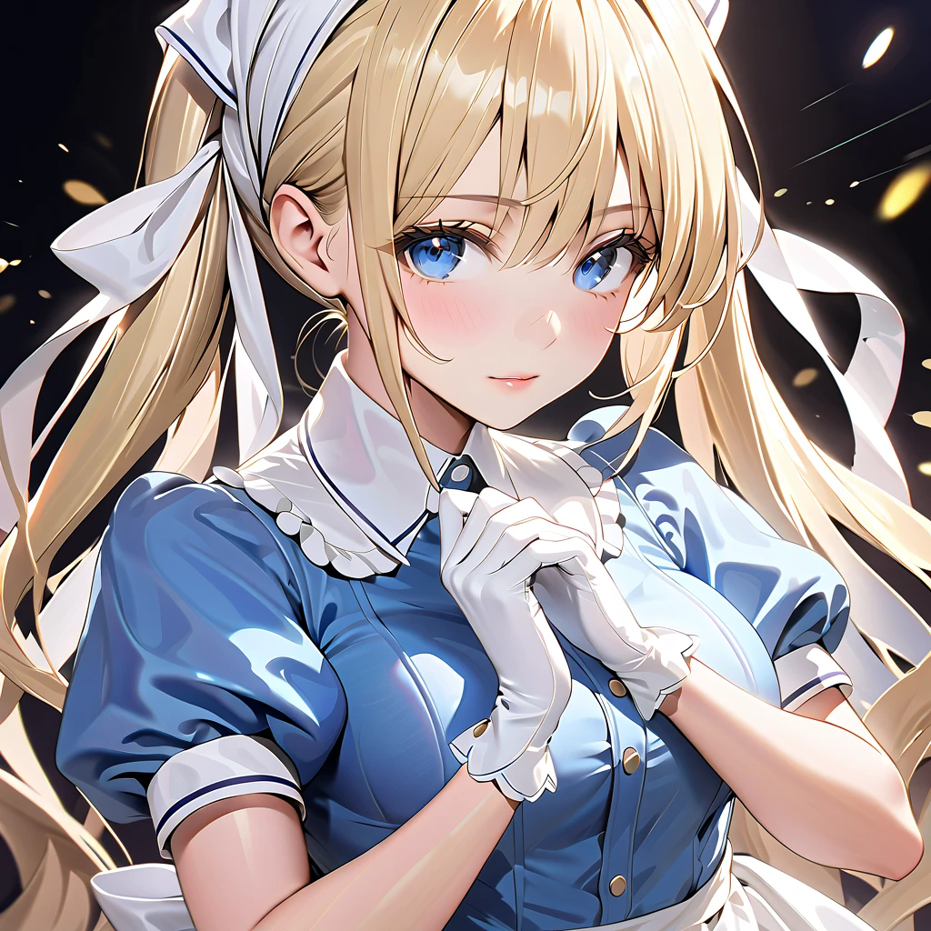 ( best quality), ( ultra hi-res), (超 high definition ), ( Highly Detailed CG), (32K), (masterpiece), ( perfect anatomy )Kojikaho, blonde hair, low twintails, blue eyes, white head scarf, blue dress, short sleeves, waist apron, white gloves, white thighhighs, puffy sleeves