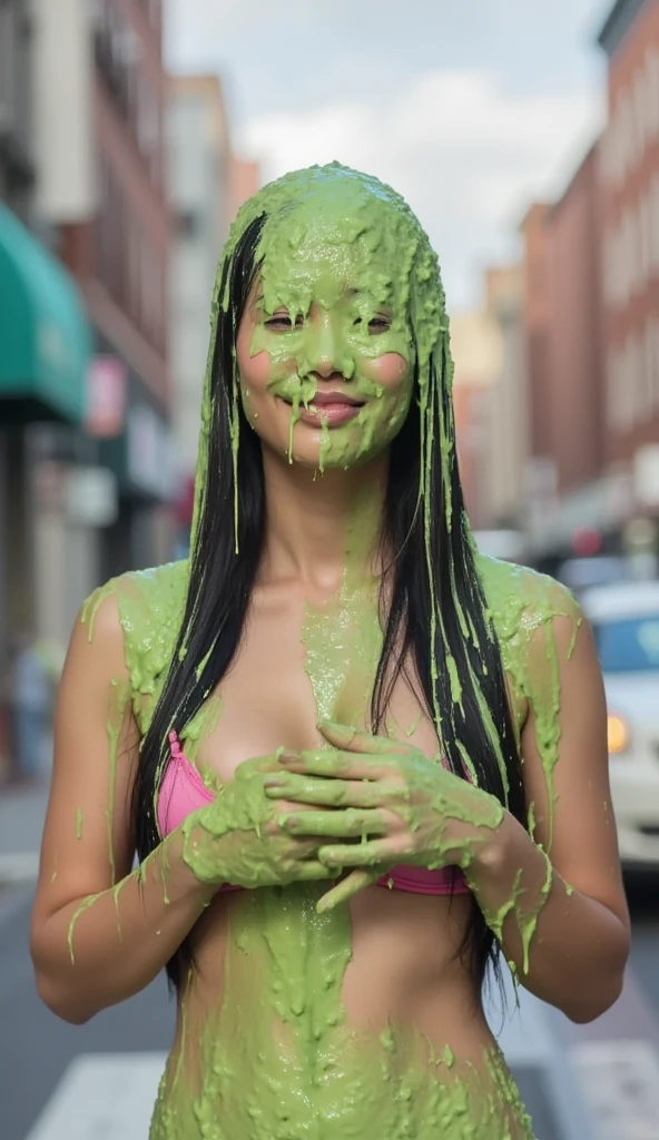 1girl, beautiful details, extreme realism, mascara, winged eyeliner, lipstick, wearing black lace bra, cleavage, slime, engulfed by green goo, dark skin, portrait photograph, dripping green sludge, slop drips down her head and face, slime on her chest, pale skin