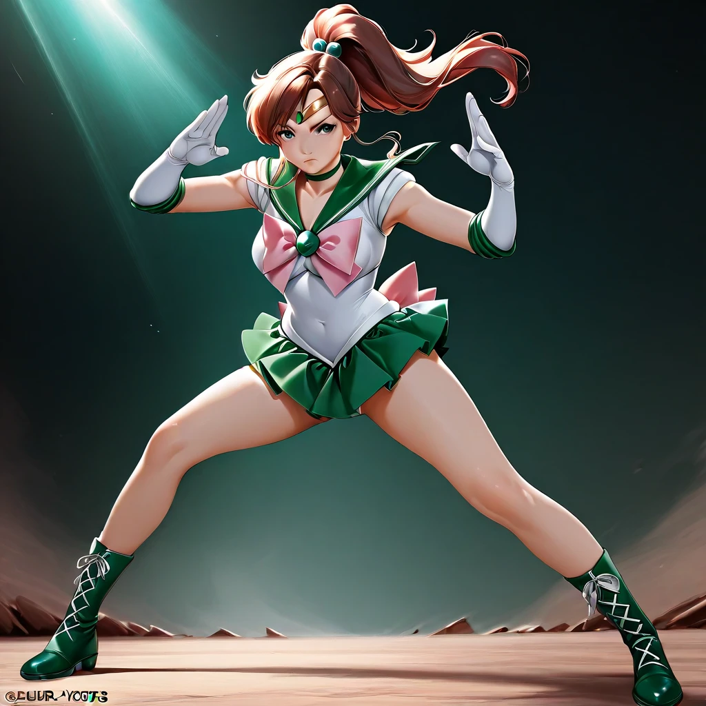 Best Quality, High Definition, One Girl, Solo, Sailor Jupiter, Jupiter (Flapping Hair), (Single Ponytail)), Elbow Gloves, Headgear, Green Pleated Skirt, Pink Ribbon, (Green Sailor Color), Brown Hair, White Gloves, Jewelry, Earrings, Smile, Embarrassing, Blushing, Background Meadow, Blue Sky and White Clouds, Sea, Front, Full Body, Waves, Slender Legs, Squatting on the Ground, Crotch wide open from side to side, Open legs, Arms behind head, Show off armpits, Green short boots pin heels, Look at viewer, Front of body to viewer, Crotch wide open to viewer,