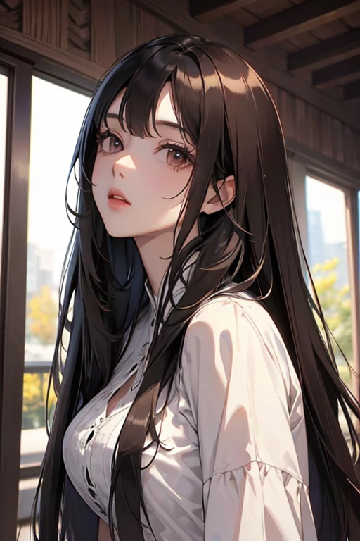 best quality, highres,Slender、brown eyes、tall、black hair、(Forehead exposed:1.7)、(semi-long:1.3)、straight hair、7 life size
