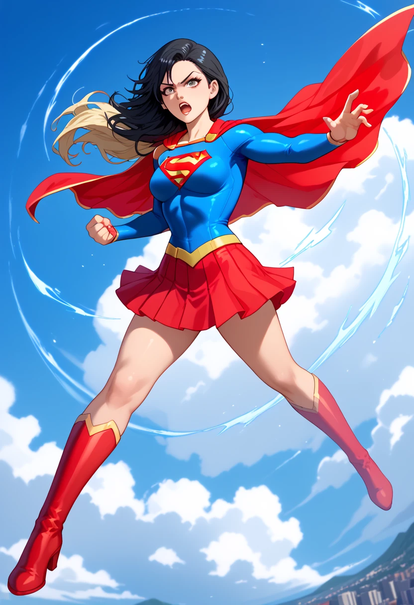 Kamishiro Yuuko, with her reserved yet determined personality, brings a subtle and understated strength to the Supergirl costume. The vibrant blue top, adorned with the iconic red and yellow 'S' emblem, contrasts beautifully with her cool and enigmatic demeanor, symbolizing her quiet heroism. Her long, dark hair, typically sleek and flowing, adds elegance to the bold red cape trailing behind her. The red skirt and knee-high red boots complement her figure, blending the classic superhero aesthetic with her refined presence. With her composed expression and determined stance, Yuuko embodies a Supergirl who relies on intellect and resolve as much as physical strength. She radiates an air of quiet confidence, making her a protector who carefully strategizes and acts with precision. In this outfit, Yuuko’s transformation into Supergirl highlights her inner strength and unwavering dedication to justice, making her a hero who is as graceful as she is formidable.