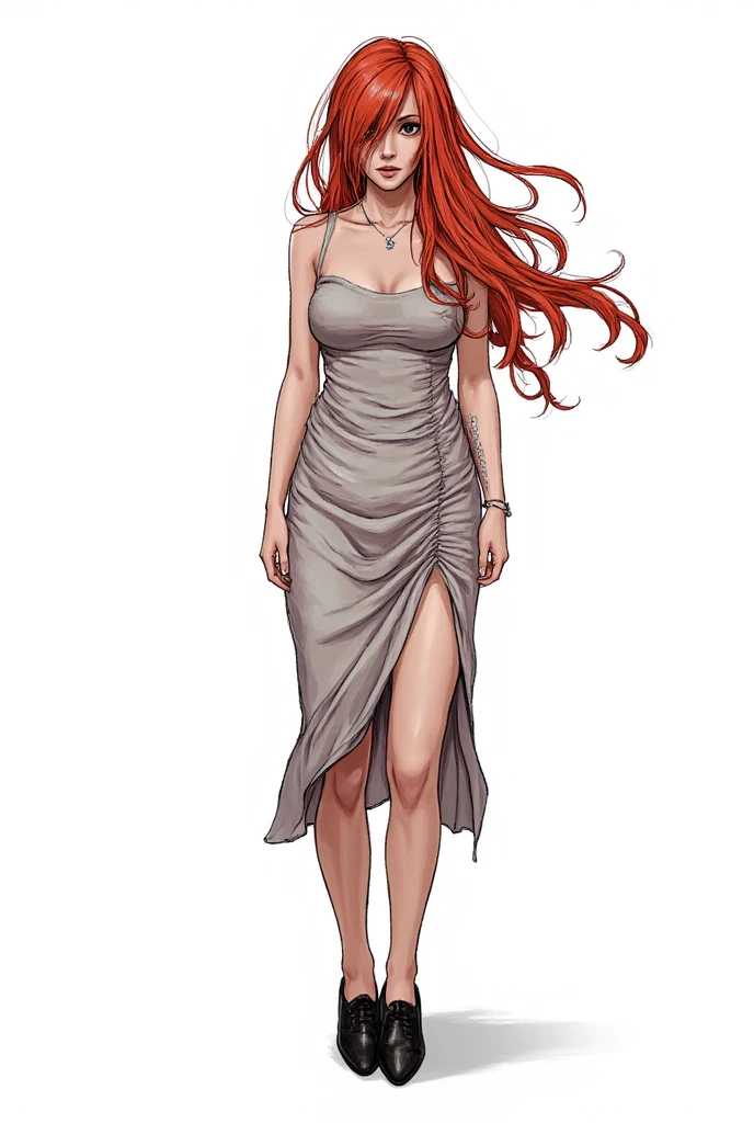 A dramatic comic book-style illustration for a visual novel, in which an adult woman with dark eyes is depicted in full height. black shoes and a dress. red hair. The drawing should be detailed and emotional, with clear lines and bright colors, on a white background.