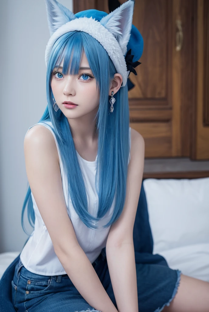 Maximum image quality, ultra-high resolution, (real photo: 1.4), Japan person, 18 years old, sky blue hair, long hair, blue eyes, (thin body), small breasts, Front view, sitting, bending both knees, holding both knees with hands, thin legs, short white socks, light makeup, white cloak, black string tie, sky blue dress, white lingerie visible under the dress, white panties, short skirt, princess line, smile, cute, stage, small teardrop earrings, on bed, five fingers, two legs